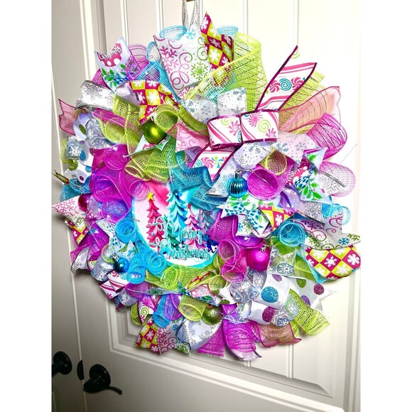 Handmade Bright Merry Christmas Holiday Ribbon Door Wreath 22 ins W54 Pink Blue - Picture 2 of 9